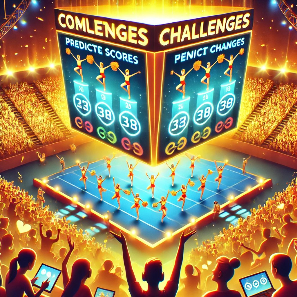 A vibrant digital illustration of a competition arena where fans participate in mini-challenges. A glowing leaderboard tracks points for fans engaging in activities like predicting scores and timing execution.
