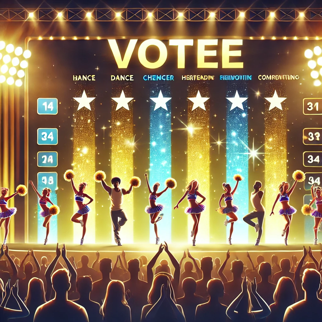 A digital illustration of a dance and cheerleading competition where fans vote for their favorite performance. A golden voting screen shows competitor names with animated bars filling up as votes come in.