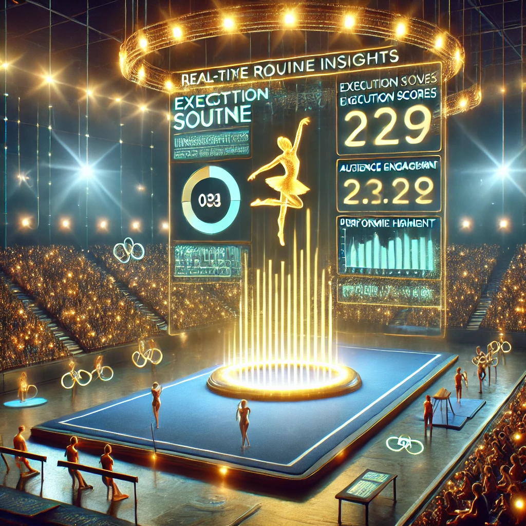 A futuristic digital illustration of a competition arena displaying real-time performance insights on a golden holographic scoreboard. Metrics like execution scores and audience engagement enhance the immersive experience.