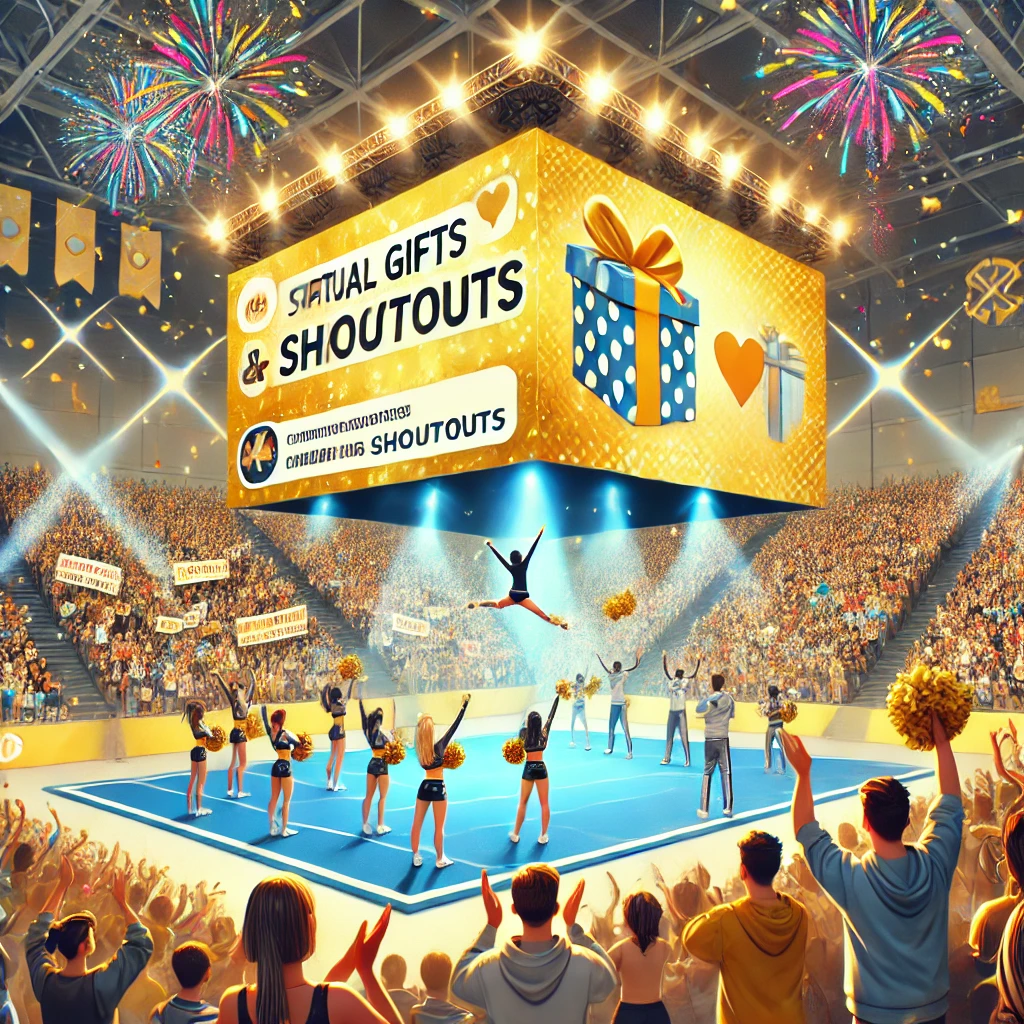A stunning digital illustration of a fully immersive cheer, dance, and gymnastics event. The arena features golden interactive displays for audience polls, behind-the-scenes footage, and real-time reactions.