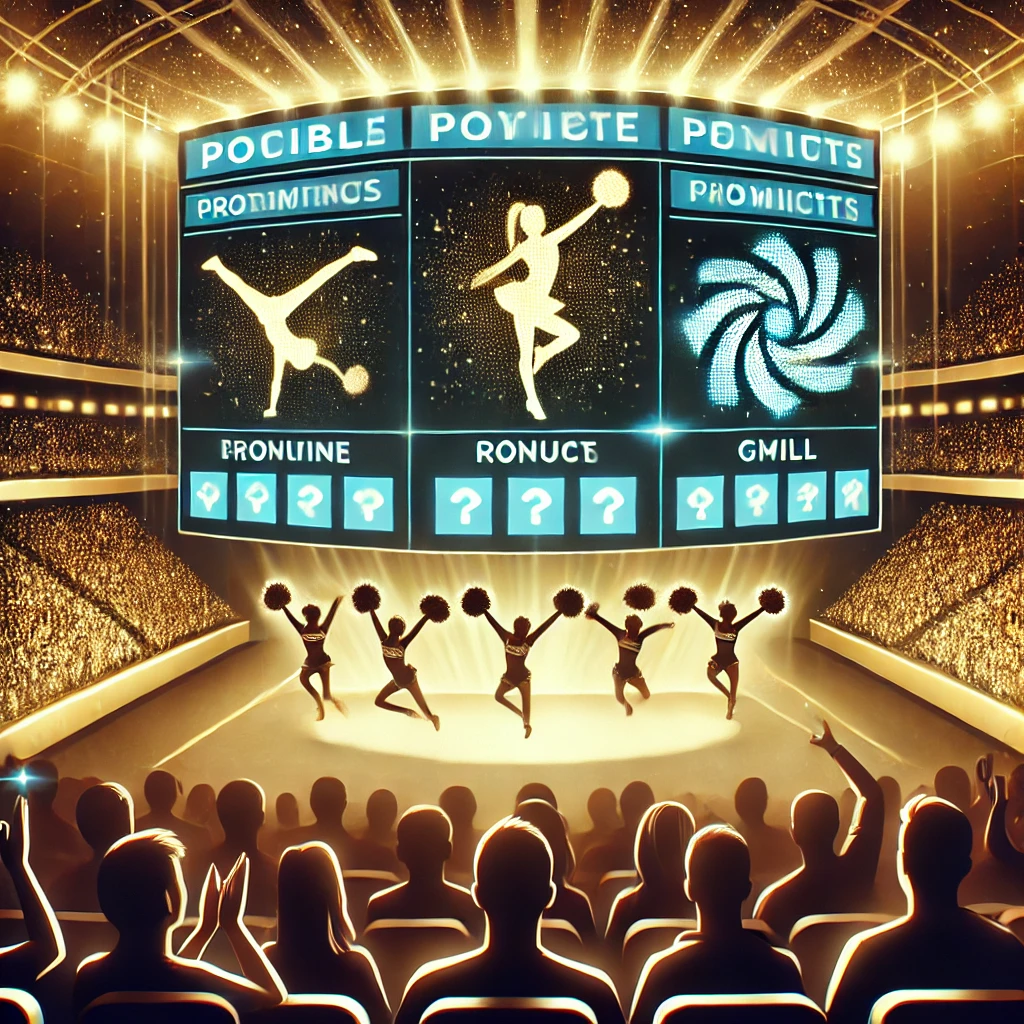 An exciting digital illustration of a cheer and dance competition where fans predict upcoming moves. A futuristic scoreboard displays possible routine elements while the audience eagerly anticipates the next skill.